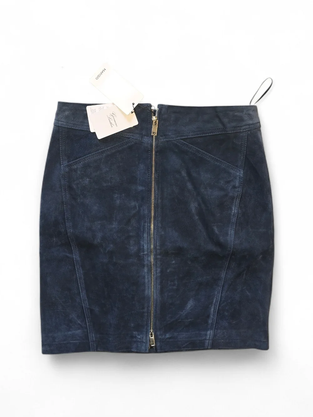 Mango Genuine Leather Mini Skirt Blue Front Zip NWT Size M - Picture 2 of 7